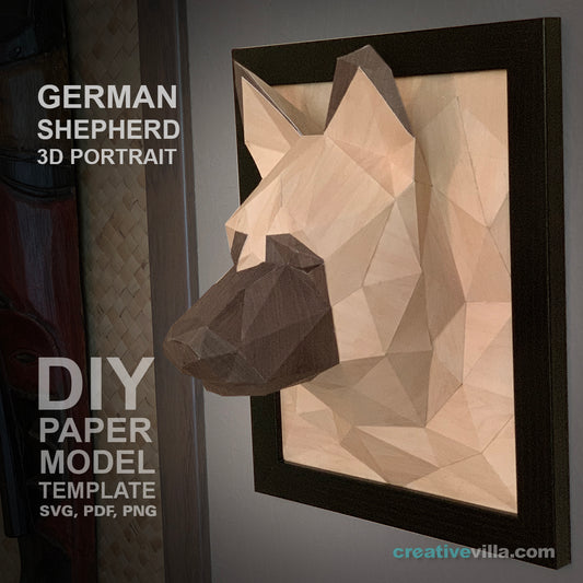 German Shepherd Dog 3D Portrait Wall Sculpture DIY Low Poly Paper Model Template, Paper Craft