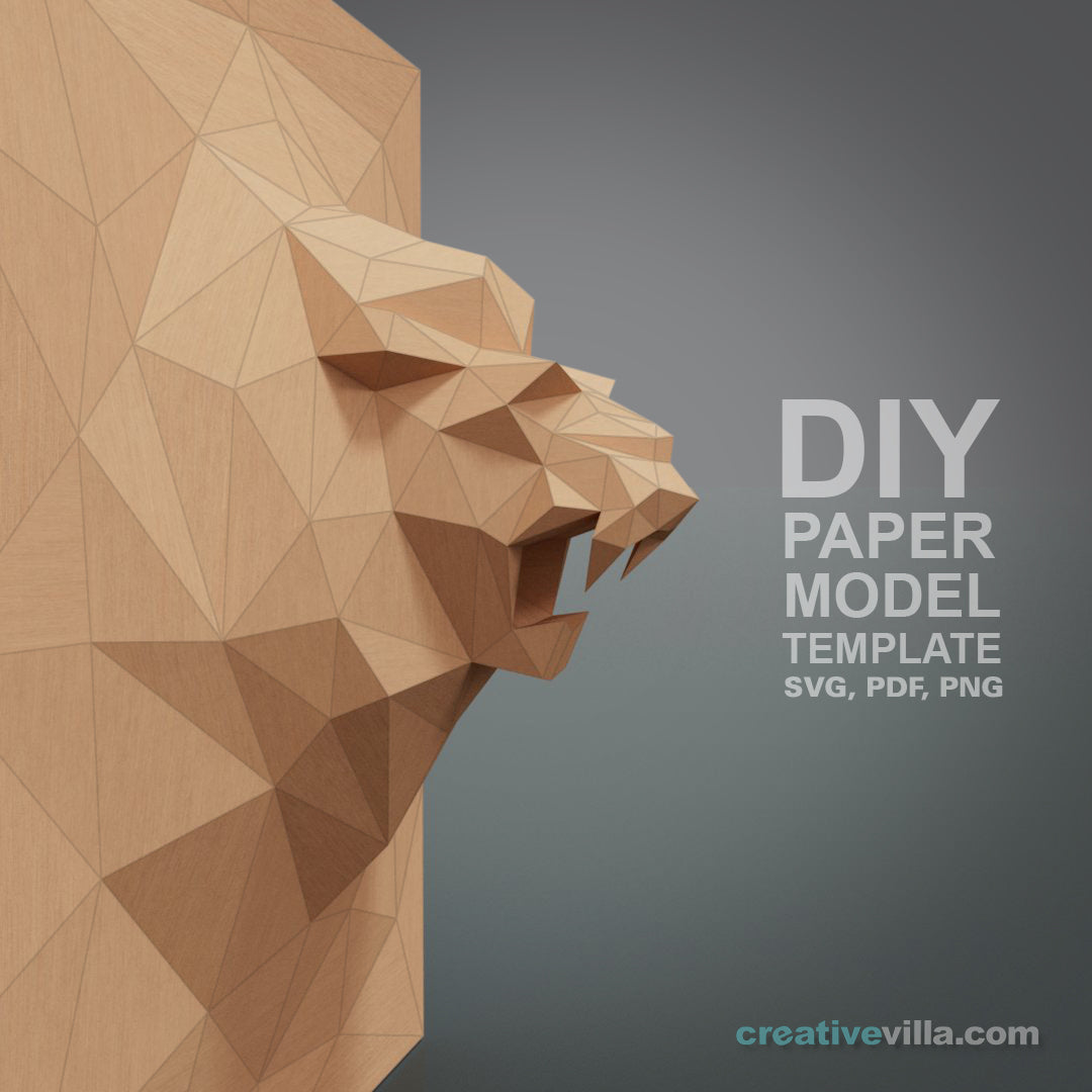 Lion 3D Relief Wall Sculpture DIY Low Poly Paper Model Template, Paper Craft