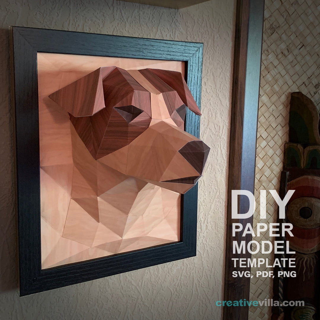 Jack Russel Dog 3D Portrait Wall Sculpture DIY Low Poly Paper Model Template, Paper Craft