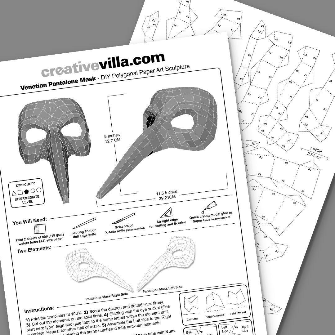 Venetian Pantalone Mask DIY Low Poly Paper Model Template, Paper Craft