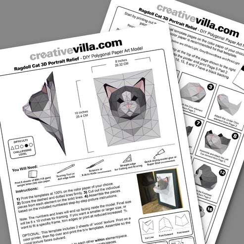Ragdoll Cat 3D Portrait Wall Sculpture DIY Low Poly Paper Model Templa ...