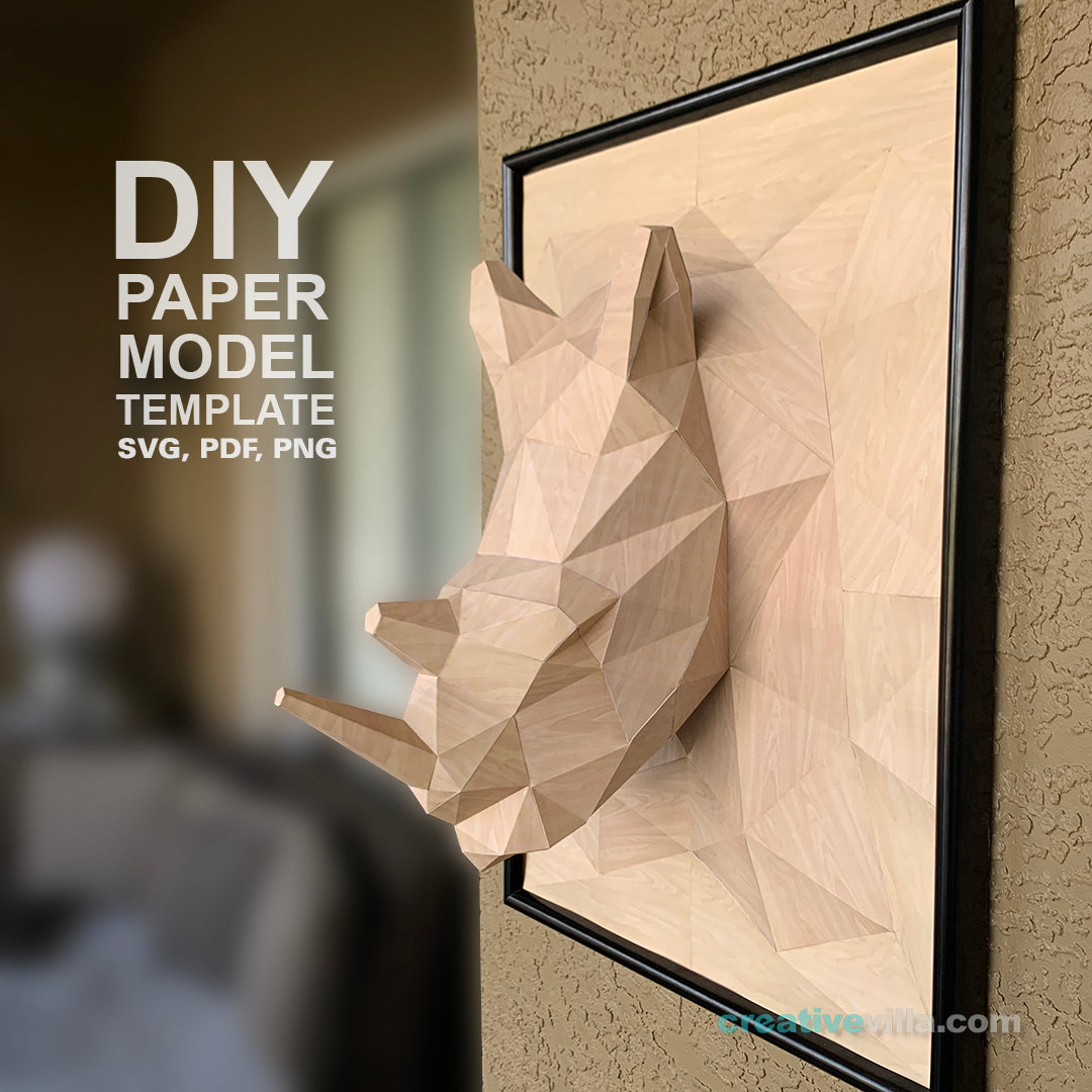 Rhino 3D Relief Wall Sculpture DIY Low Poly Paper Model Template, Paper Craft