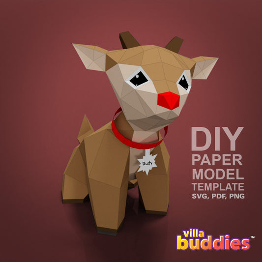 Villa Buddy - Rudy Reindeer - DIY Low Poly Paper Model Template, Paper Craft