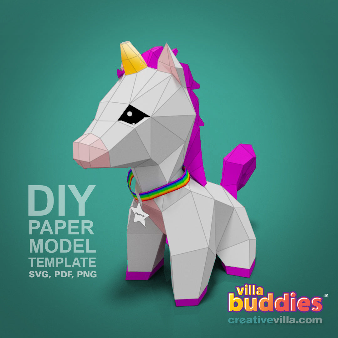 Villa Buddy - Unicorn - DIY Low Poly Paper Model Template, Paper Craft