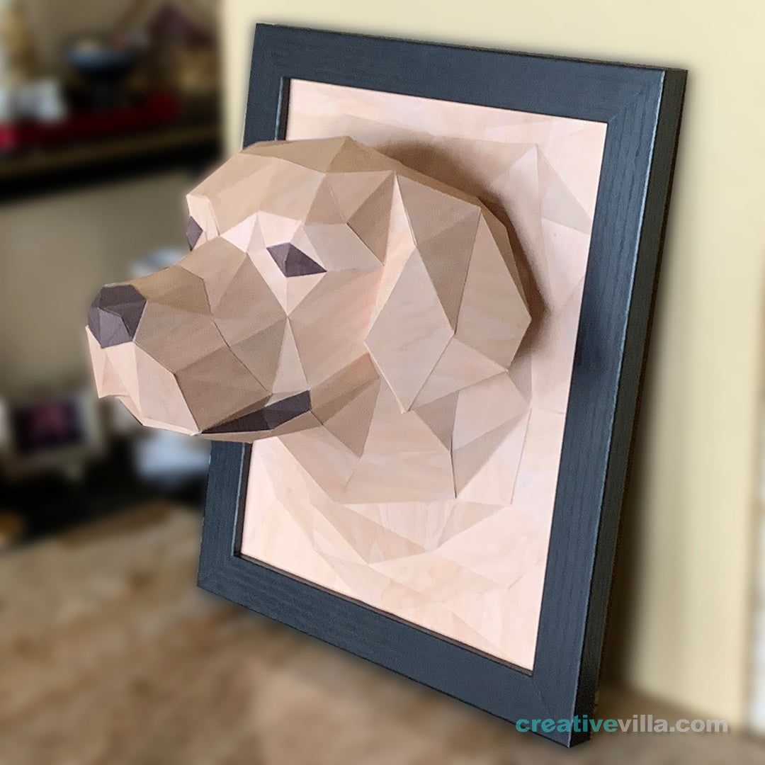 Golden Retriever Dog 3D Portrait Wall Sculpture DIY Low Poly Paper Model Template, Paper Craft