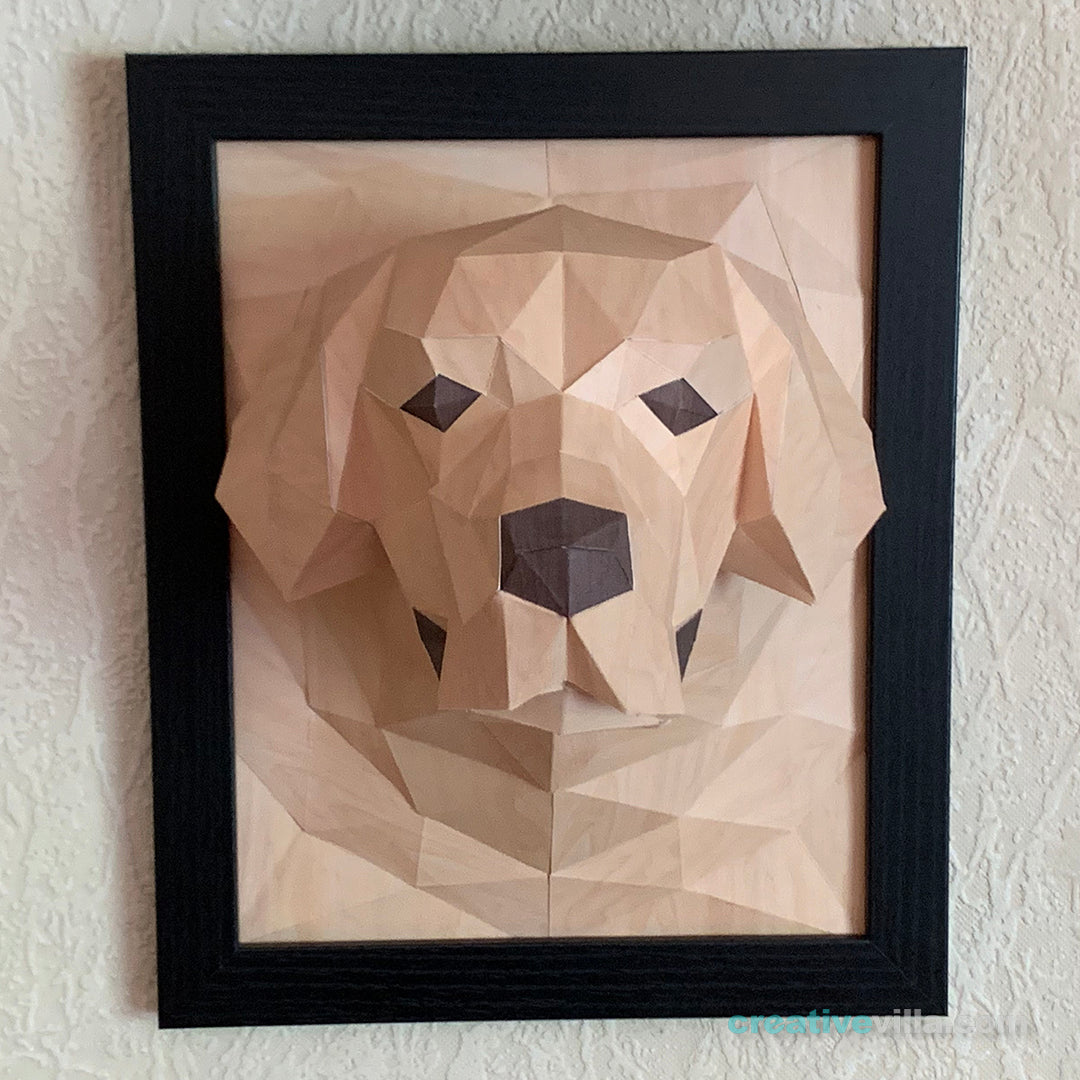 Golden Retriever Dog 3D Portrait Wall Sculpture DIY Low Poly Paper Model Template, Paper Craft
